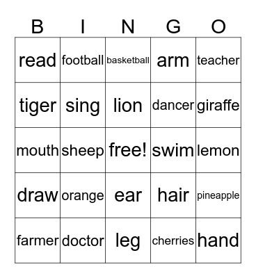 Fruits, Hobbies, Jobs, Animals, Body Bingo Card