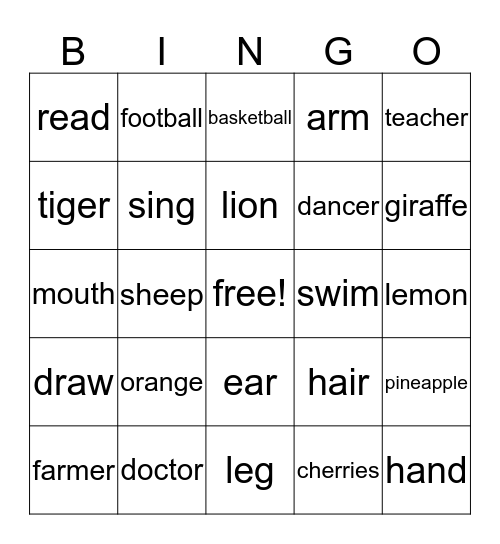 Fruits, Hobbies, Jobs, Animals, Body Bingo Card