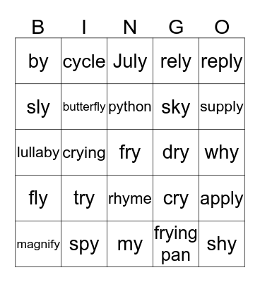 Y Words Bingo Card