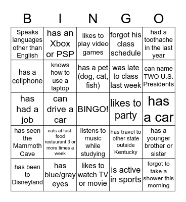 Getting to Know You Bingo Card