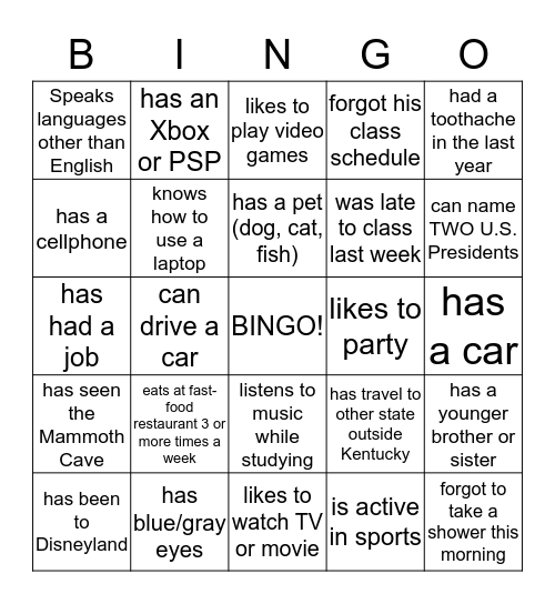 Getting to Know You Bingo Card