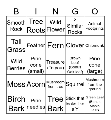 Nature Scavenger Hunt Bingo Card