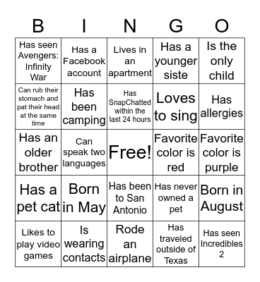 Back to School Bingo Card