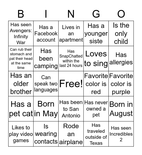 Back to School Bingo Card