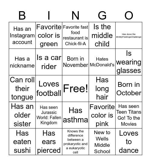 Back to School BINGO Card