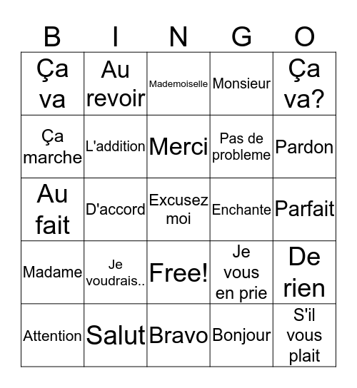 French Phrase Bingo Card