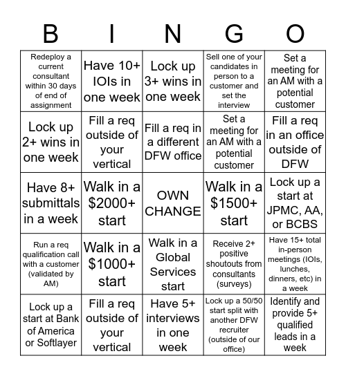 TEK Recruiter Challenge Bingo Card