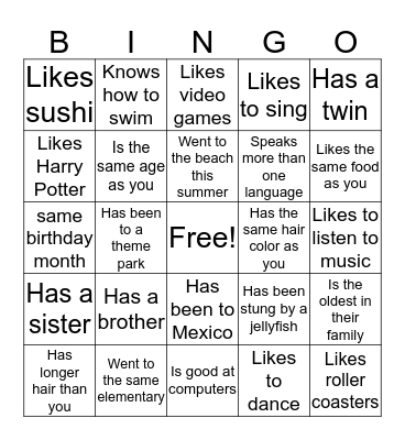 Getting to know you Bingo Card