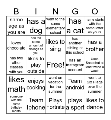 Getting to Know my classmates bingo Card