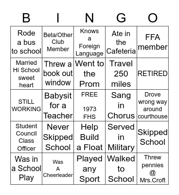 FHS Class of 1973 Bingo Card