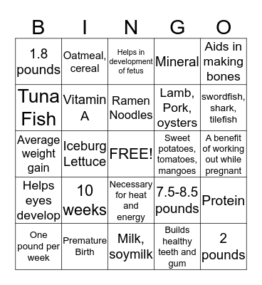 Nutrition and Exercise Bingo!! Bingo Card