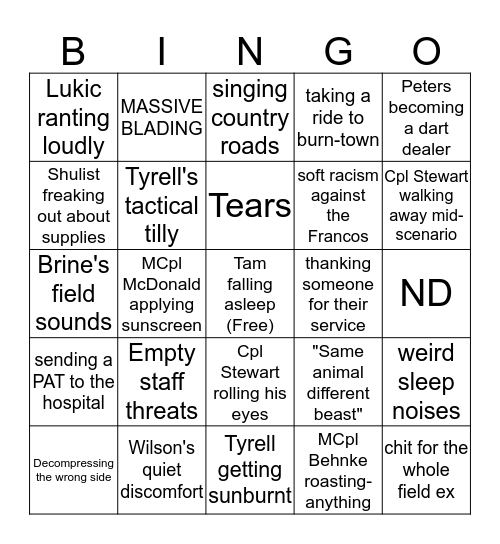 Field BINGO  Bingo Card