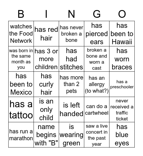 Get to Know You Bingo Card