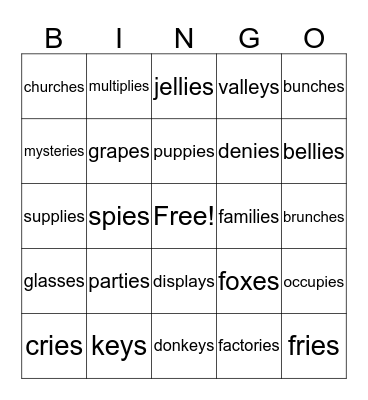 PLURALS: s, es or ies Bingo Card