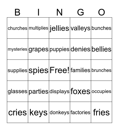 PLURALS: s, es or ies Bingo Card