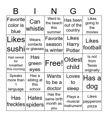 Human Bingo! Bingo Card