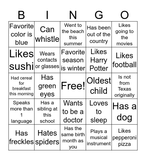 Human Bingo! Bingo Card