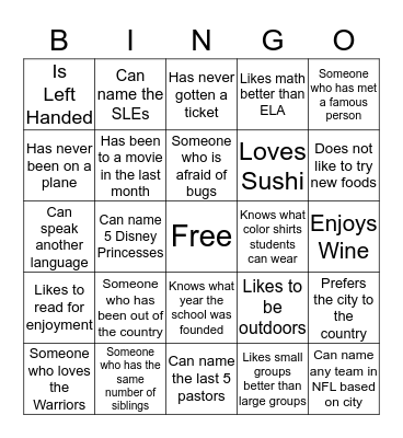 Staff Bingo Card