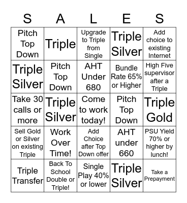 SALES BINGO! SEE YOUR SUPERVISOR FOR A REWARD! Bingo Card