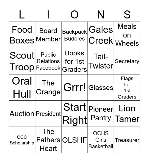 LIONS Bingo Card