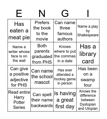 English Bingo Card