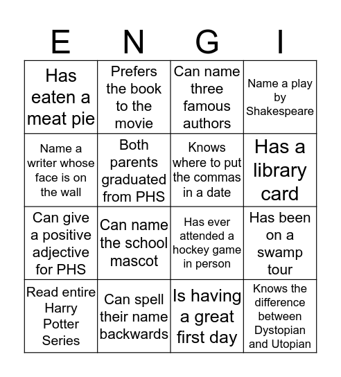 English Bingo Card