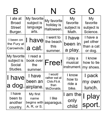 Getting to Know you Bingo Card