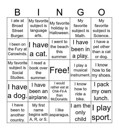 Getting to Know you Bingo Card