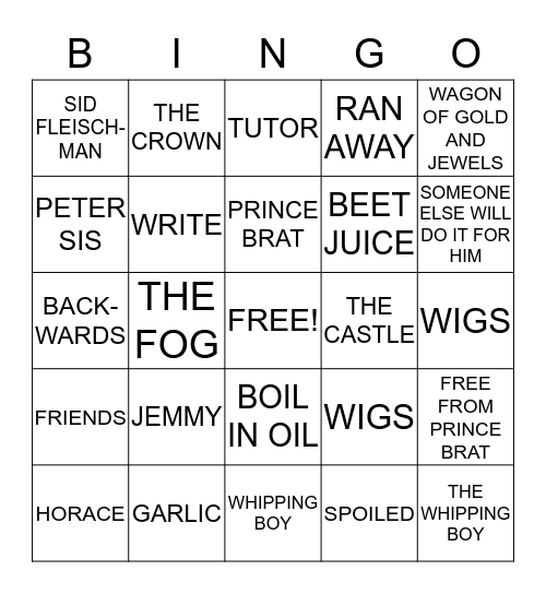 THE WHIPPING BOY CHAPTER 1-10 Bingo Card