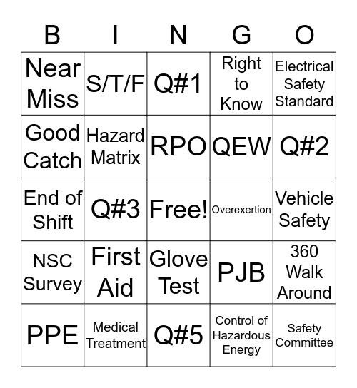 Safety Bingo Card