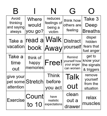 Anger Responses Bingo Card