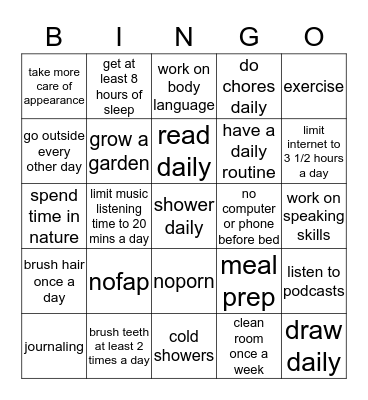 Self Improvement Bingo Card