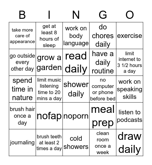 Self Improvement Bingo Card