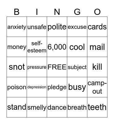 Smoking Prevention Bingo Card