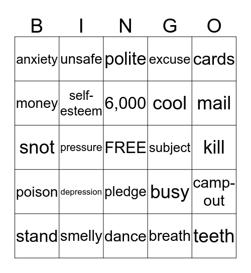 Smoking Prevention Bingo Card