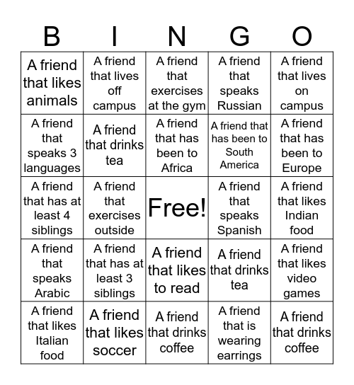 International Bingo Card