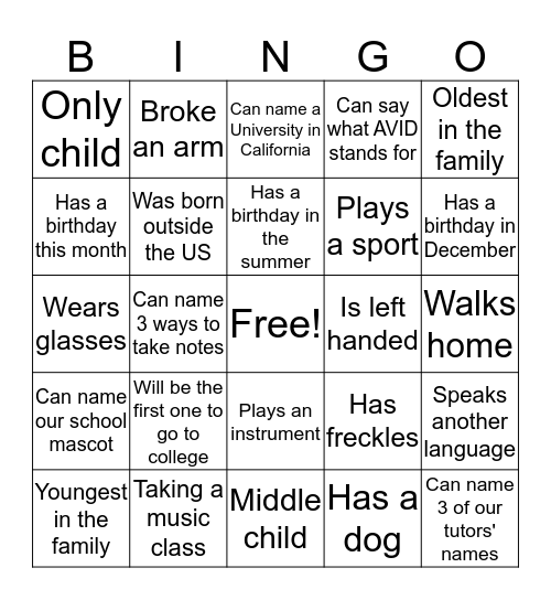 AVID Classmates BINGO  Bingo Card