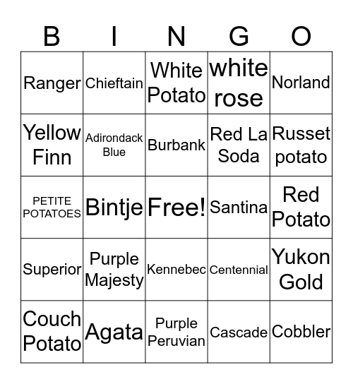 August 19th National Potato Day Bingo Card