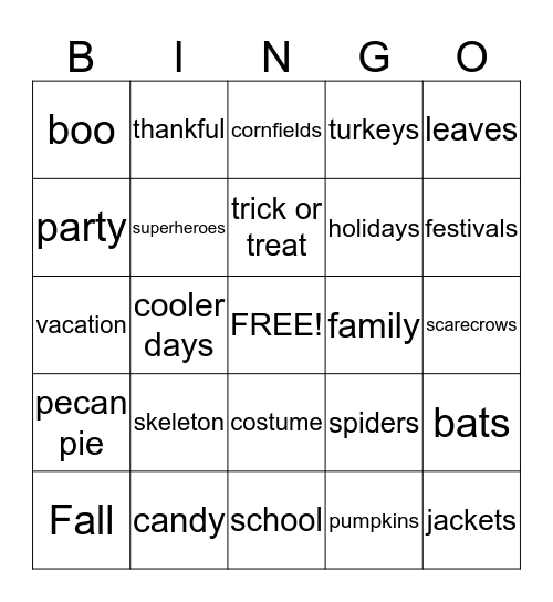 Fall Party Bingo! Bingo Card