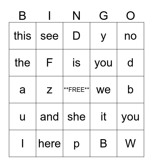 Sight Word BINGO Card