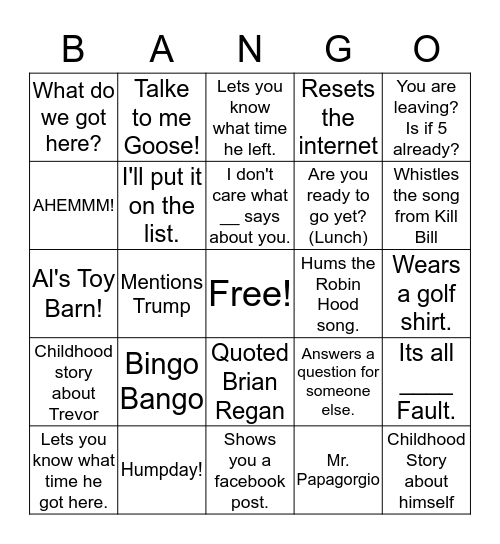 Bingo Bango Bingo Card