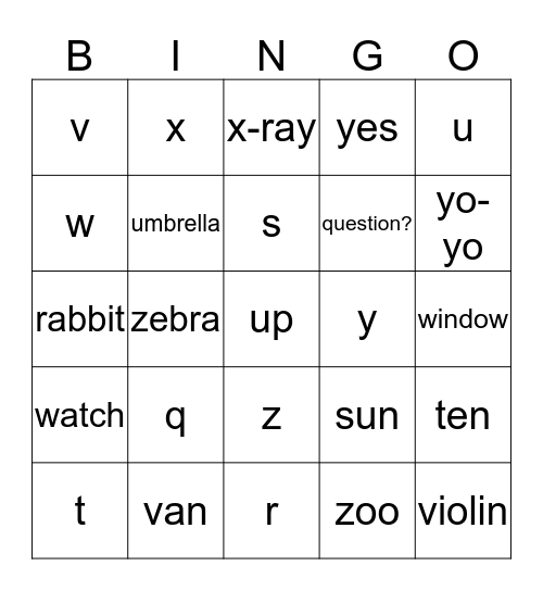 q-r-s-t-u-v-w-x-y-z Bingo Card