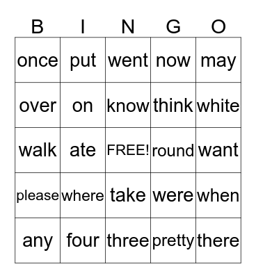Sight Words 1 Bingo Card