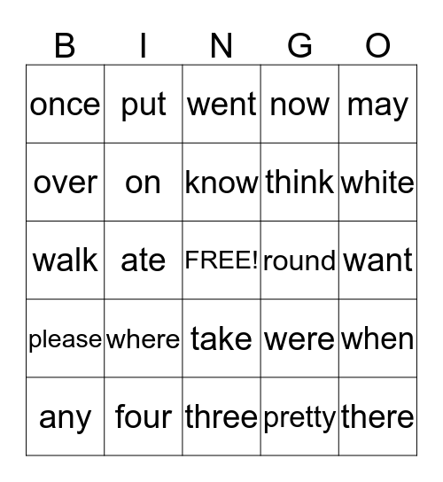 Sight Words 1 Bingo Card