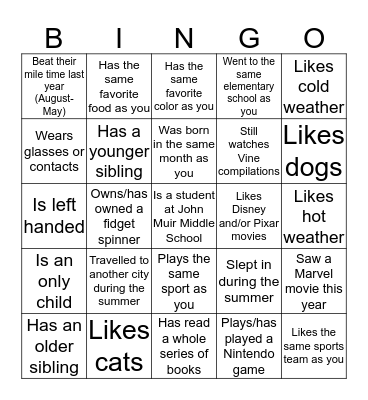 Get To Know Your Class Bingo! Bingo Card