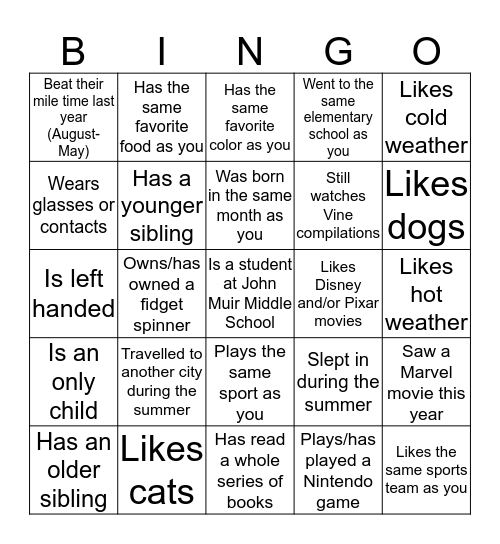 Get To Know Your Class Bingo! Bingo Card