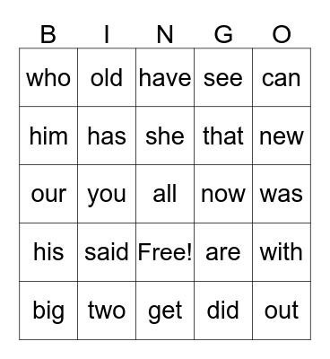 sight words Bingo Card