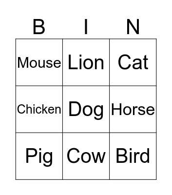 Animal Bingo Card