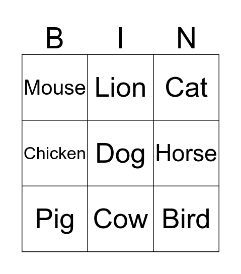 Animal Bingo Card