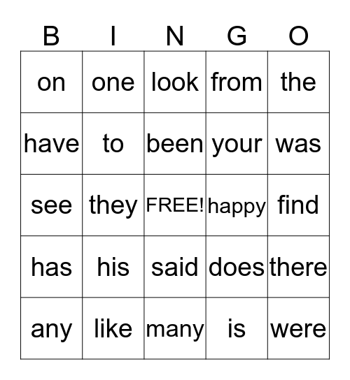 SIGHT WORD BINGO Card